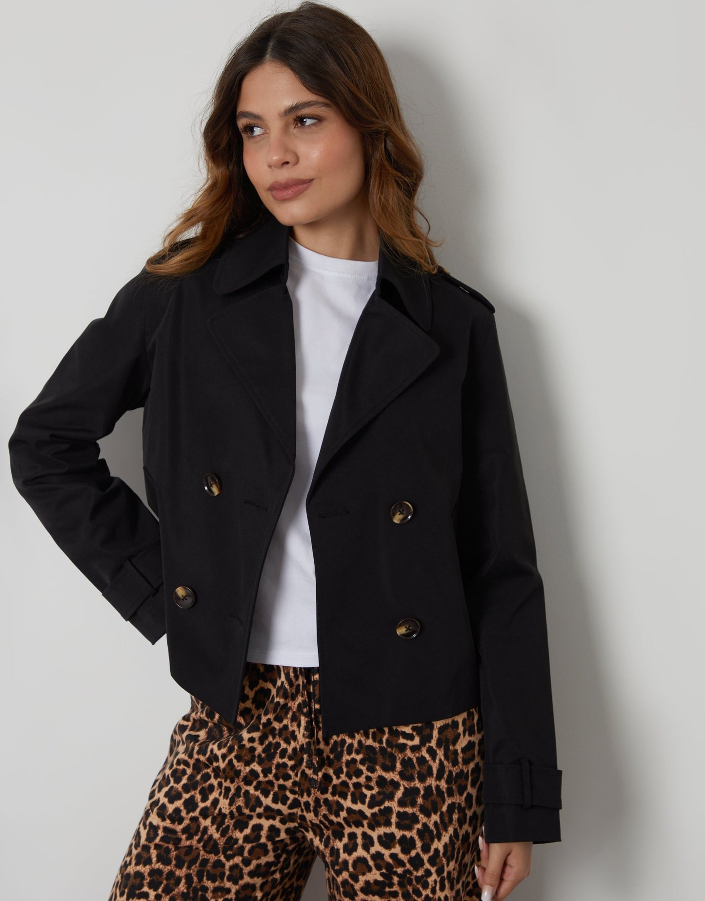 Women's Black Double Breasted Cropped Trench Coat