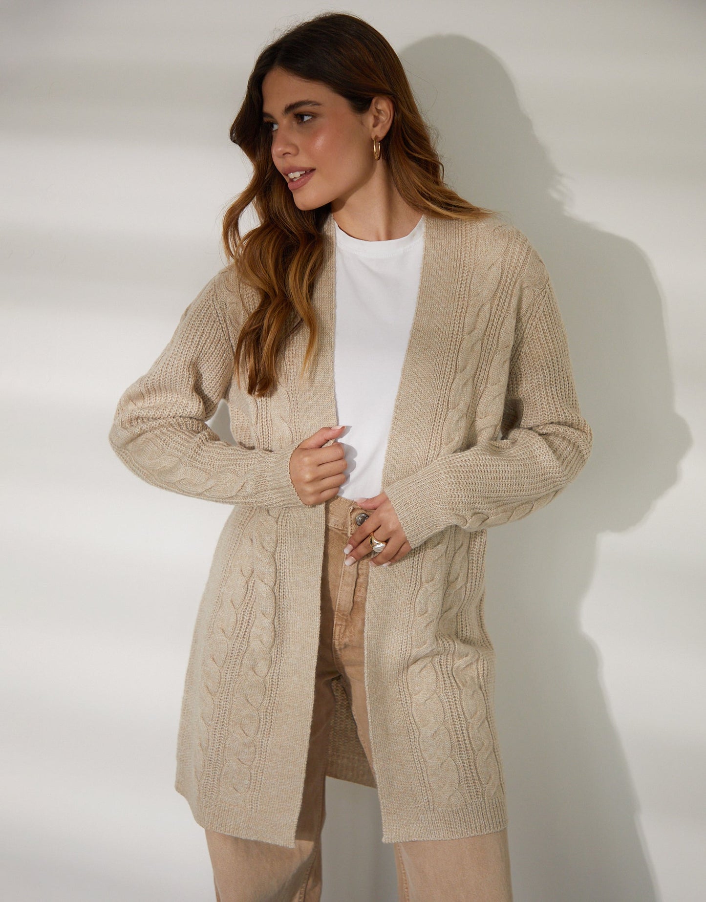 Women's Beige Cable Knit Cardigan