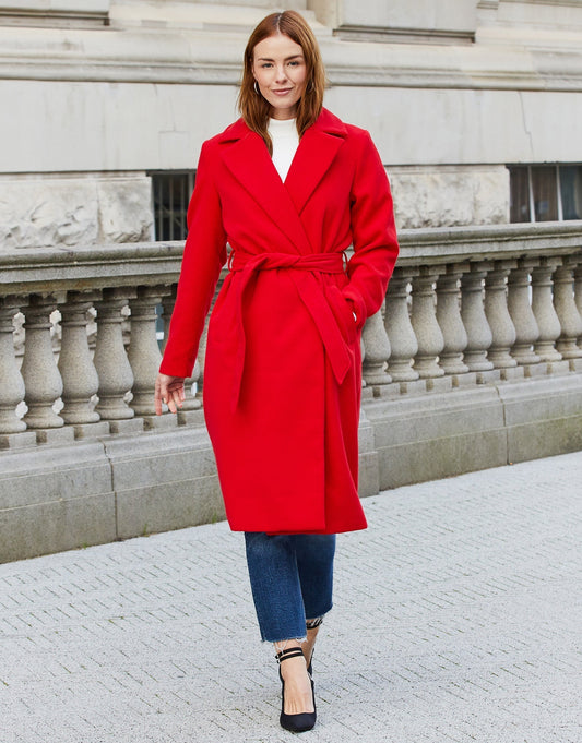 Women's Red Collared Belted Formal Coat